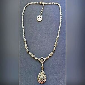 Crown Trifari Silver Tone & Black Crystal Rhinestone Station Necklace